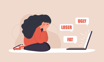 Cyber bullying. Sad woman with laptop receiving pop up messages. Online abuse concept. Teenager sitting on the floor and crying. Vector illustration in flat cartoon style.