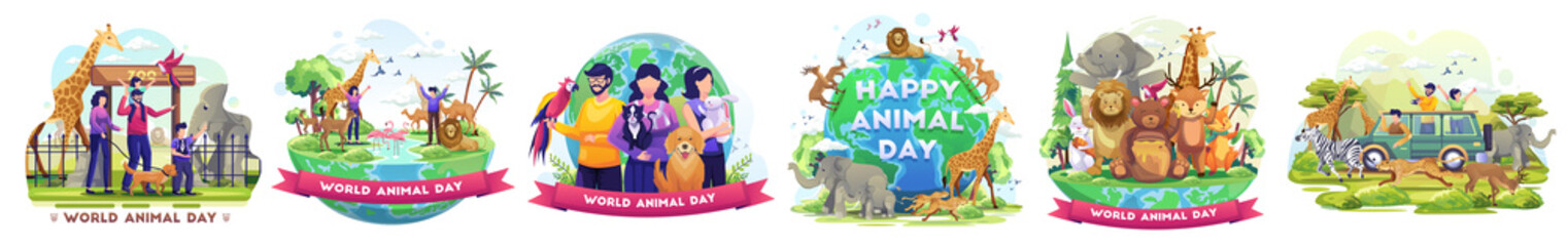 Obraz na płótnie Canvas Set of Animal Day concept illustration. People Celebrate World Animal Day. Animals on the planet, Wildlife Day with the animals. flat vector illustration.