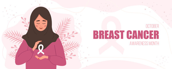 Breast cancer awareness month banner. Happy arab woman in hijab with ribbon. Annual international health campaign. Vector illustration in flat cartoon style.