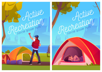 Active recreation cartoon posters, tourists at camping tents enjoying summer time vacation, travelers on nature landscape with trees and sea scenery view, hiking or travel activity Vector illustration