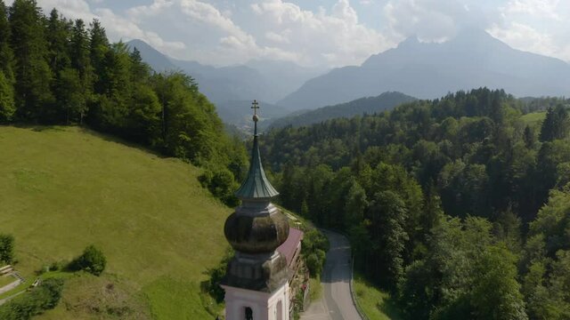 Drone Flies Over the Pilgrimage Church of Maria Gern on Beautiful Summer Afternoon