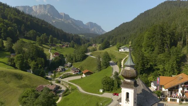 Aerial Pullback Reveals Maria Gern Church in Bavaria, Germany on Summer Day