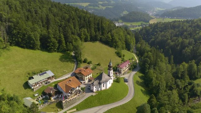 Birds Eye Aerial View of Maria Gern Pilgrimage Church in Upper Bavaria, Germany. Summer Tourist Season