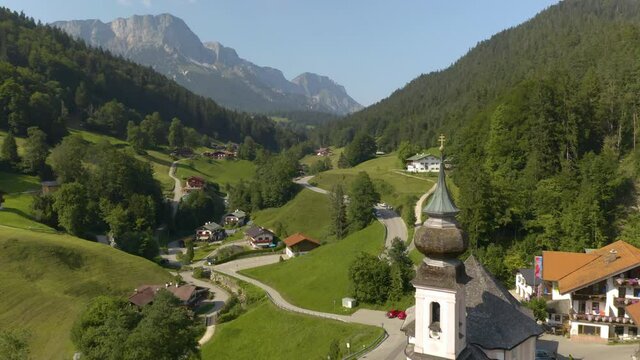 Incredible Establishing Shot of Maria Gern Church in Upper Bavaria, Germany. Scenic Aerial View
