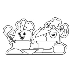 Coloring book. Cute monsters are preparing food. Cutlery, crockery, chef's hats. Black and white vector illustration