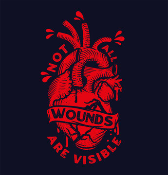 Not All Wounds Are Visible Inspirational Vector typography. Illustration with Heart For T-shirt and Denim.