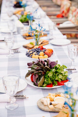 served festive table with snacks. holiday in open air. salad, fruits and cheeses