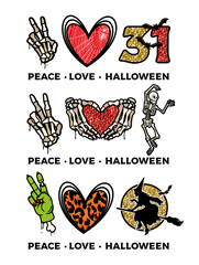 Peace Love Halloween Glitter Effect is Printed. Vector Illustration.