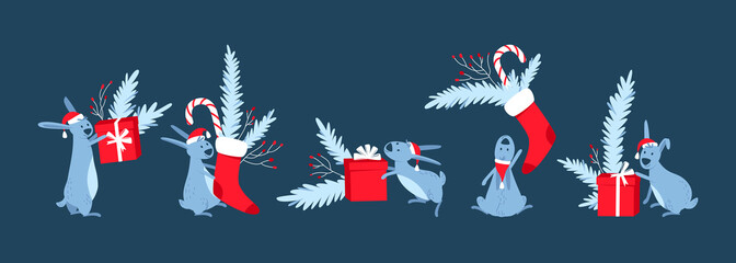 Set of red gift boxes, Christmas socks and cute rabbits on a dark background. Fluffy hares in hats with spruce branches and gifts. Design for the holiday. Flat vector illustration.