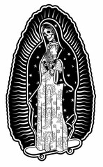 Virgin of Guadalupe on a skateboard. The Virgin Skeleton Mary Vector Poster Illustration. - obrazy, fototapety, plakaty