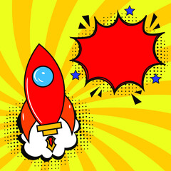 abstract rocket launch boom comic book, pop art background vector illustration. illustration of rocket launch start up concept pop art, comic book vector background. rocket laung bubble speech pop art