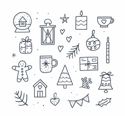 Cute Cozy Christmas set - mug, candles, tree, gift, gingerbread man, snow globe, small home, bell. Hand drawn outline vector illustration. Doodle sketch style.