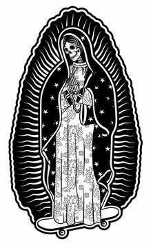 Virgin of Guadalupe on a skateboard. The Virgin Skeleton Mary Vector Poster Illustration.