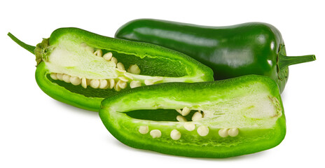 sliced jalapeno peppers isolated on white background. Green chili pepper. Capsicum annuum. clipping path