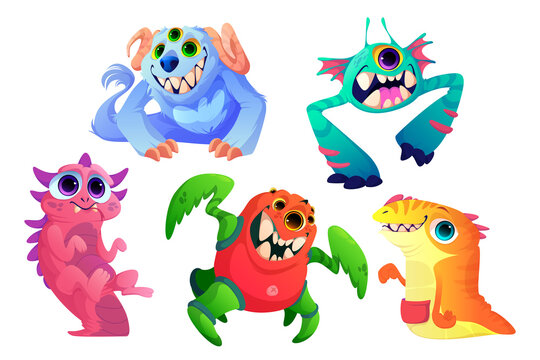 Cute monsters set, cartoon funny characters, aliens, strange animals or Halloween creatures with toothed smiling muzzles, horns, fur and many eyes. Spooky baby mascot personages, Vector illustration