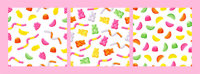 Sweet jelly candies, gummy bears, worms, fruits. A set of seamless patterns. A children treat. Vector illustration of a cartoon.