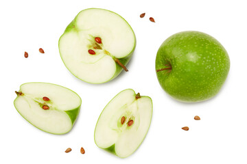 green apple with slices isolated on a white background. top view. clipping path