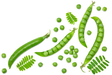 Fresh green pea pods with green peas isolated on white background. clipping path. top view