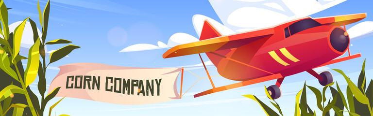 Crop duster plane with corn company banner flying over green maize field. Farm airplane in blue cloudy sky. Agricultural cropduster machine , farming aviation, aircraft, Cartoon vector illustration © klyaksun