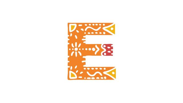 Letter E. Ethnic ornament, national pattern in letter. 3 colors. 4K video. Isolated on white background. Cartoon Animation. Capital Letter E for education, erudition, ABC, software, interface game.