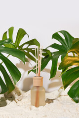 Fototapeta na wymiar aroma diffuser bottle and monstera leaves on white background with shadows