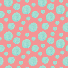 Seamless watercolor pattern in 60's style on pink isolated background.Bright colorful Abstract,Vintage,Hip,Polka Dot hand drawn designs for textiles,wrapping paper,fabric,packaging,scrapbook paper.