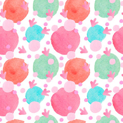 Fototapeta na wymiar Seamless watercolor pattern in 60's style on white isolated background.Bright colorful Abstract,Vintage,Hip,Polka Dot hand drawn designs for textiles,wrapping paper,fabric,packaging,scrapbook paper.