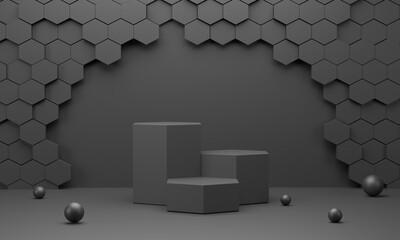 Podium hexagonal with black colored honeycomb wall background. for product display and black balls