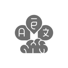 Brain with language bubbles, translation grey icon.