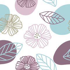 Seamless pattern with flowers, leaves andabstract hand drawn on white background. Abstract background. Flower pattern. Abstract pattern, sweet color.
