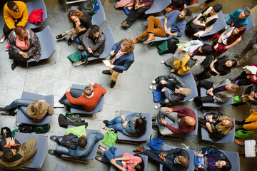 High angle view of people attending conference