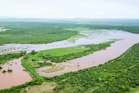 Aerial view of the flooded Nsimane River that flows into False Bay and the iSimangaliso Wetland Park