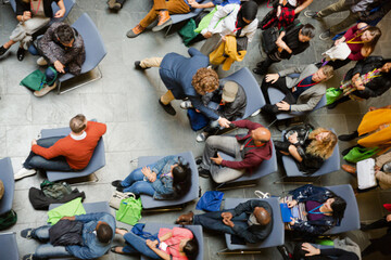 High angle view of people attending conference