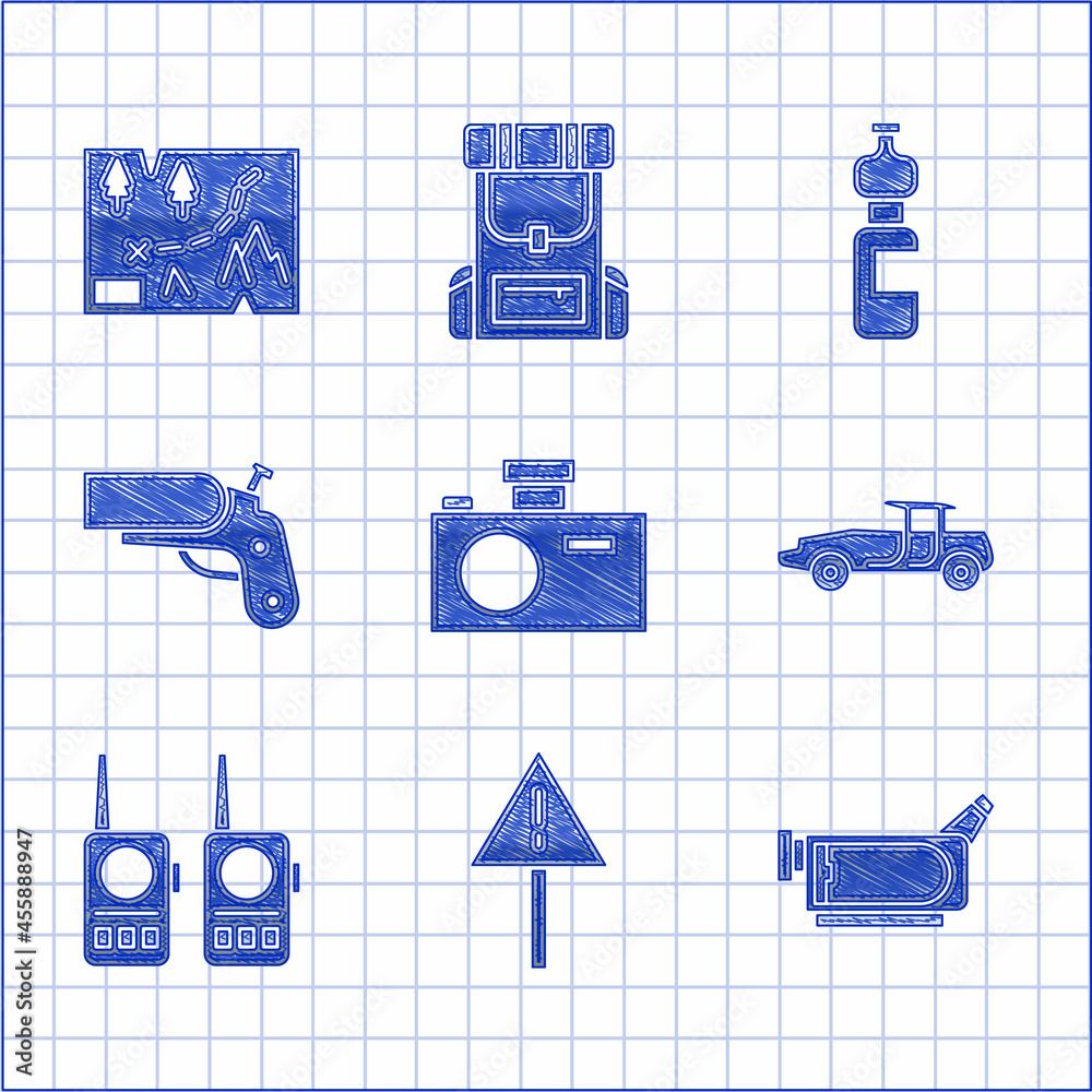 Canvas Prints set photo camera, exclamation mark in triangle, cinema, car, walkie talkie, flare gun pistol, bottle