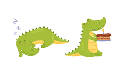 Green Crocodile or Gator Character Sleeping and Carrying Birthday Cake with Candle Vector Set