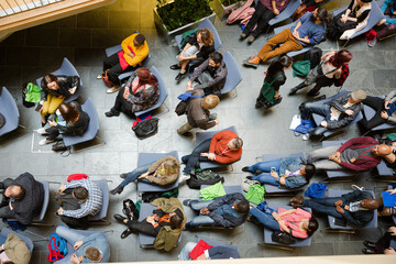 High angle view of people attending conference