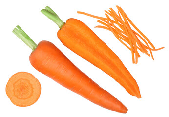 Carrots and slices isolated on white, top view