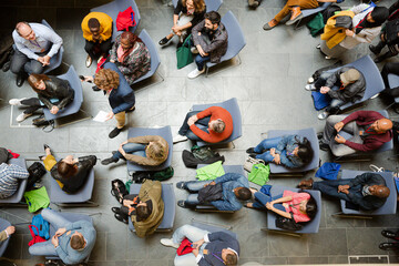 High angle view of people attending conference