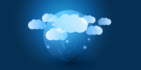 Abstract Blue Cloud Computing, Networks, Telecommunications Concept Design with Mesh, Glowing Clusters of Nodes Around a Globe - Vector Illustration