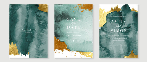 Green emerald and gold texture watercolor wedding invitation vector set. Luxury background and template layout design for invite card, luxury invitation card and cover template.