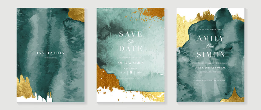 Green Emerald And Gold Texture Watercolor Wedding Invitation Vector Set. Luxury Background And Template Layout Design For Invite Card, Luxury Invitation Card And Cover Template.