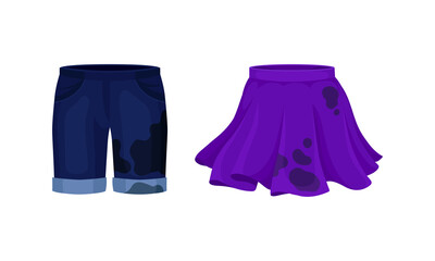 Spotted Skirt and Shorts as Dirty Clothing with Stain for Laundry Vector Set