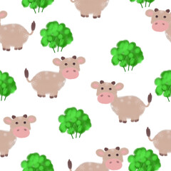 Seamless pattern with a cow. Design for a holiday. Printing for wrapping paper. An illustration for printing. Children's composition. Texture for fabric and paper.