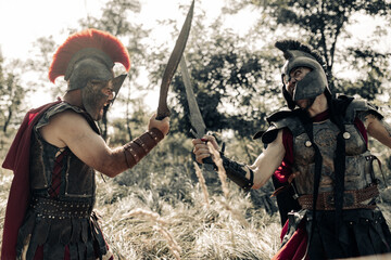 Battle with swords between two ancient warriors on meadow.