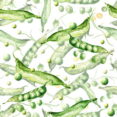 Seamless hand drawn watercolor pattern: sweet green pea pods and peas.pattern for fashion prints for printing fabrics, paper, background, cloth, packaging. Beautiful seamless pattern with green beans