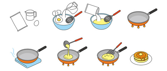 ホットケーキの作り方　How to make pancakes vector illustration