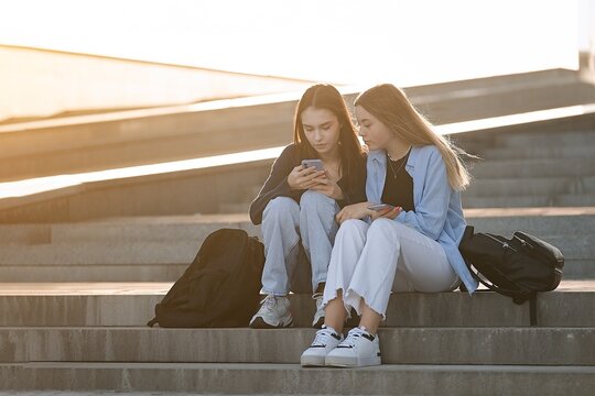 Two teenage students girls at the building of university using smartphone, back to school 