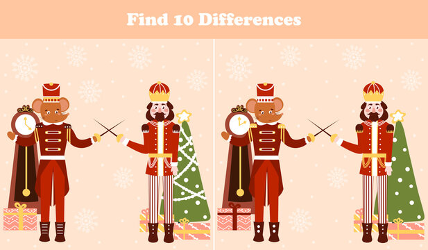Christmas logical game, find ten differences riddle for children books with nutcracker character and mouse king fighting in cartoon style, xmas eve and gift boxes, search puzzle