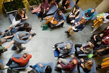 High angle view of people attending conference