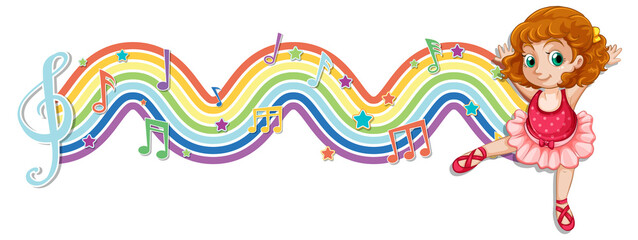 Ballerina with melody symbols on rainbow wave